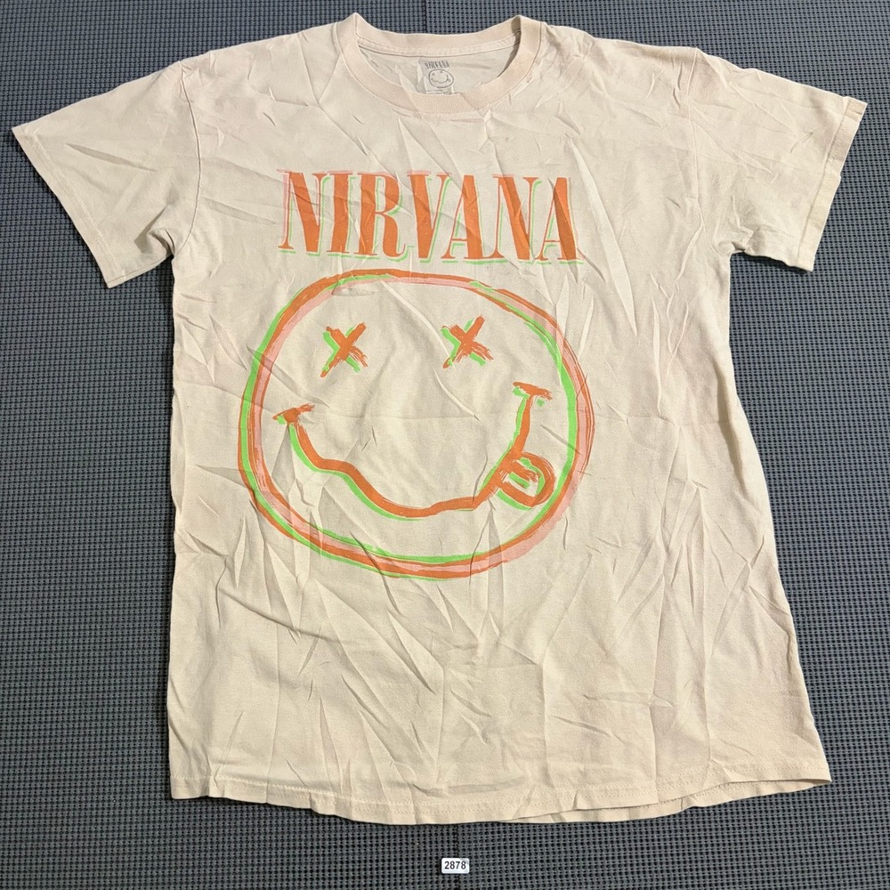 Nirvana Smiley Face Graphic T-Shirt Tan Orange Green Size M